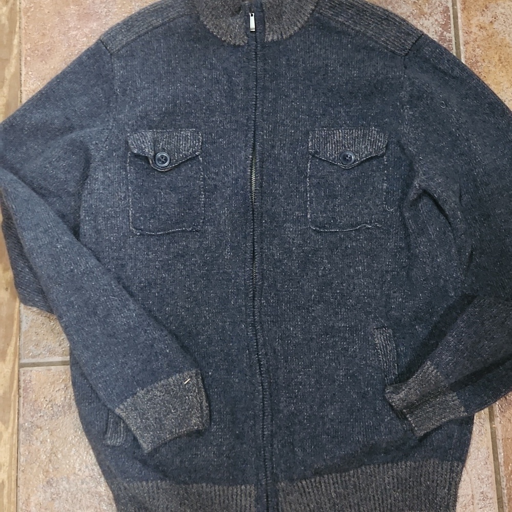 Pronto Umo Blue 100% Wool Zip Front Sweater elbow patches EUC Men's size XXL